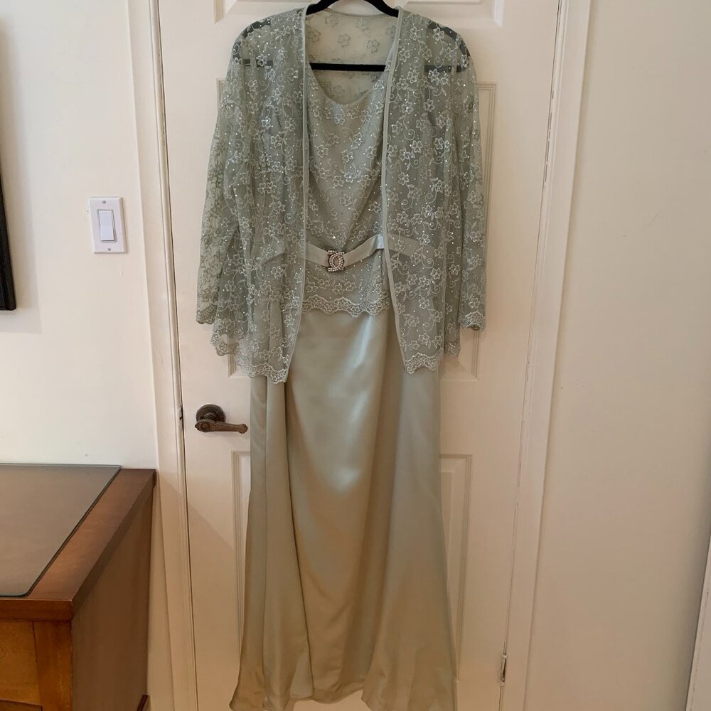 Satin Maxi Dress with Sheer Long Sleeve Beaded Jacket